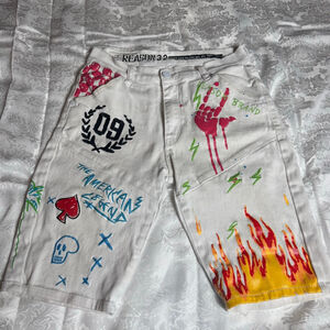 Men's Reason White Multi-color Graphic Jean Shorts Waist 32